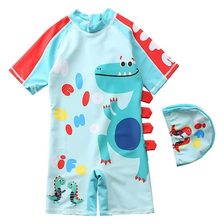 Wolcakyue Boys One Piece Swimsuit Toddler Swimwear Rash Guard Suits Short Sleeve Zipper Bathing Suit Beach UPF 50+ with Hat Mint Green 5-6 Years