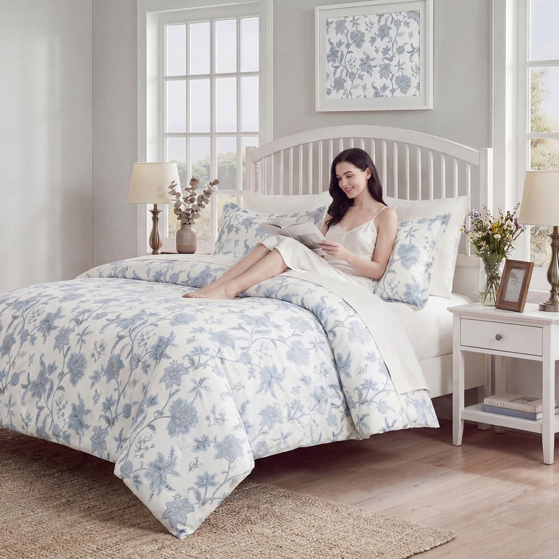 Blue Floral Duvet Cover King Size, 100% Cotton Bedding Set with Zipper Closure & Corner Ties, Soft Breathable Branches Botanical Floral Duvet Cover Set for All Seasons