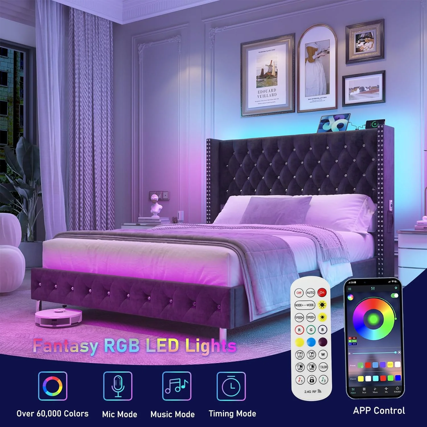 Blotout Queen LED Upholstered Bed Frame with Wingback Headboard, Velvet Diamond Button Tufted Bed Frame USB & Type-C Ports and Side Pockets, Wood Slats Support, No Box Spring Needed