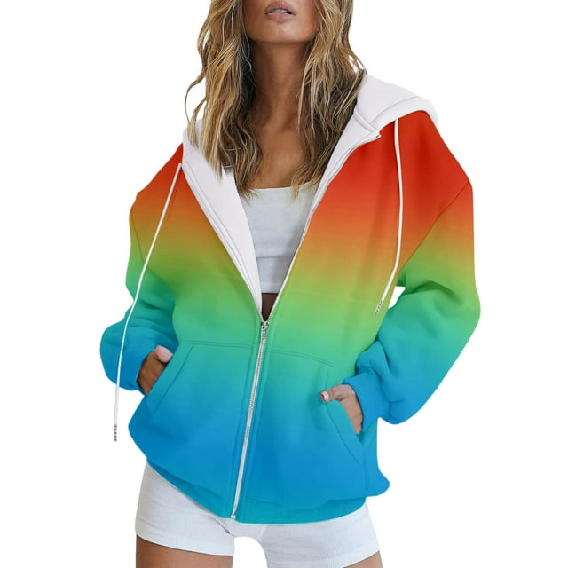 Women Casual Fashion Hooded Drawstring Colorful Printed Zipper Jacket with Pockets and Sweatshirt Style