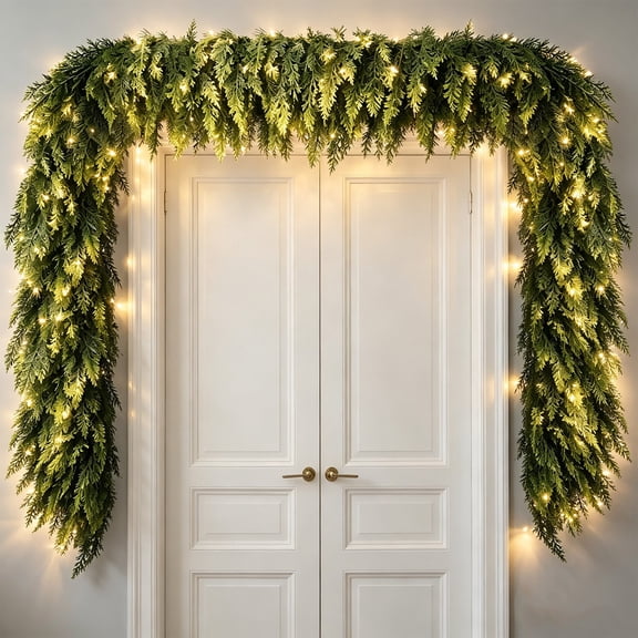 Christalo 106in Pre-Lit Norfolk Pine Christmas Garland with Warm White LED Lights, Artificial Greenery Vine, Battery‑Operated for Xmas Decorations