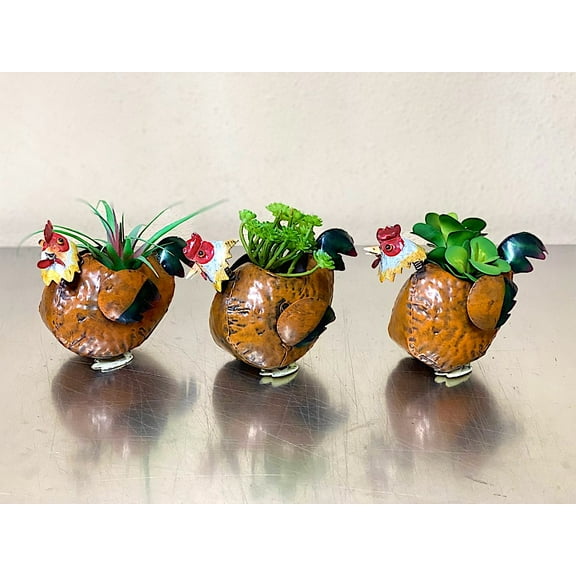 S/3 Chicken Planters Small Brown Metal Rustic Indoor Outdoor Decor Farmhouse Barnyard Inspired 7" x 5"