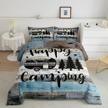 YST Trailers Camper Decorations Full Comforter Set,Happy Camping Comforter for Kids Boys Girls Teens Adults,Blue Gray Barn Door Duvet Set,Western Farmhouse Bedroom Decor for All Season
