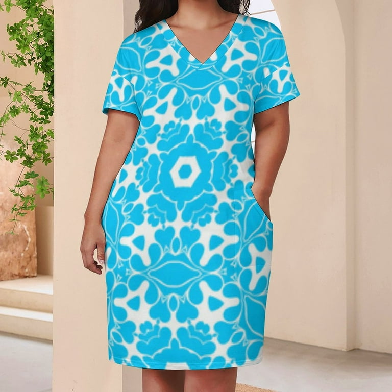 Blue White Floral Kaleidoscope Pattern Women's Loose Short Sleeve Dress  Casual Summer Plus Size Long Dresses with Pockets - Walmart.com
