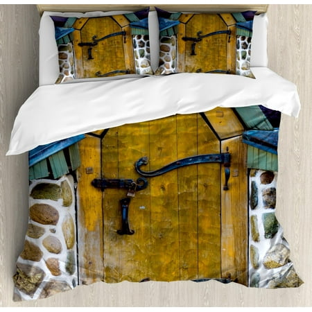 Rustic Duvet Cover Set Antique Style Door Of A Stone House In The