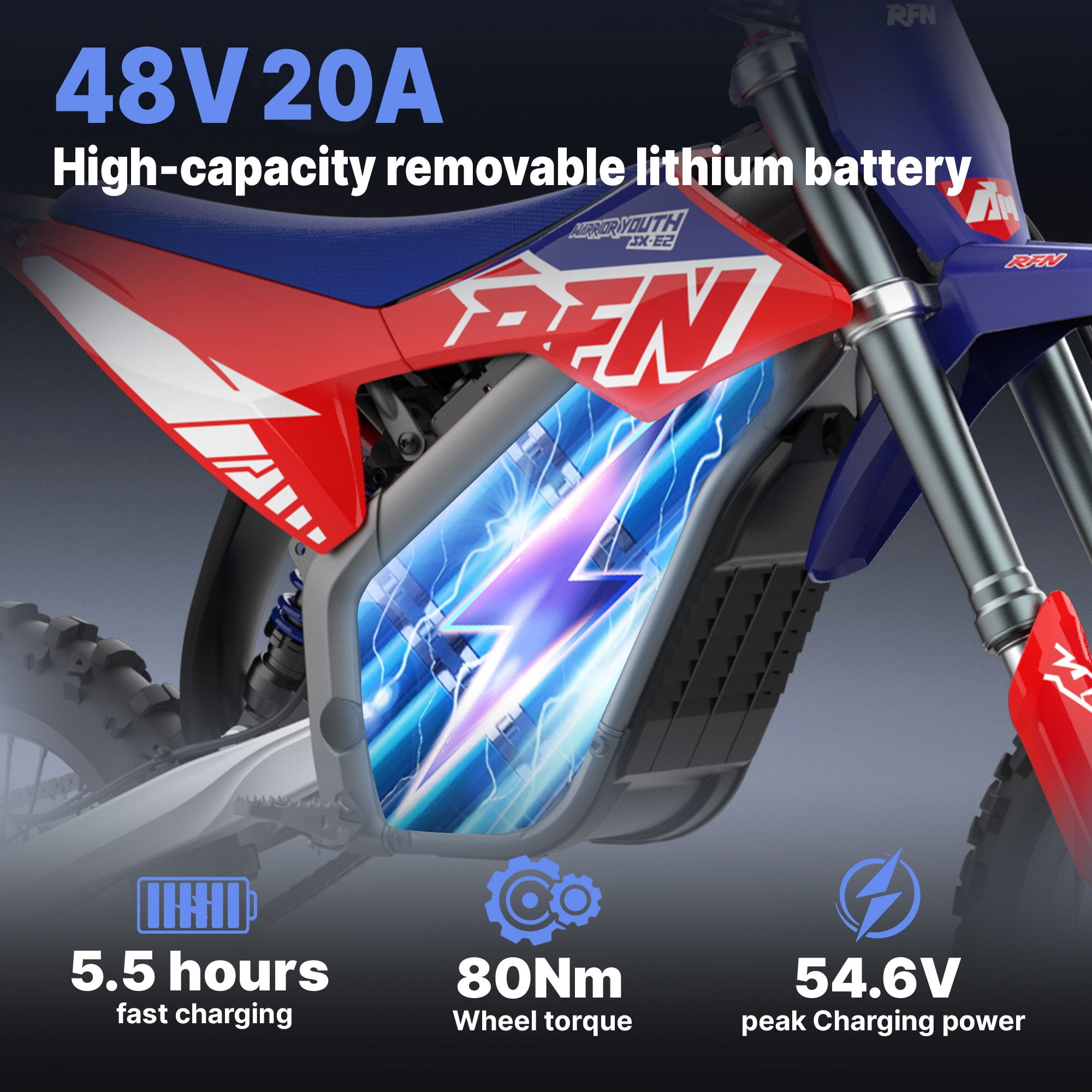 RFN Warrior Youth SX-E2 Electric Dirt Bike - MAX 2000W Powerful Brushless Motor - 28 mph Top Speed | 26-Mile Range & Off-Road eBike for Teens and Adults