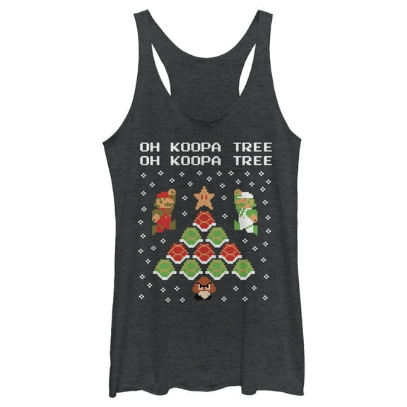 Women's Nintendo Christmas Mario Bros. Koopa Tree Racerback Tank Top Black Heather X Large