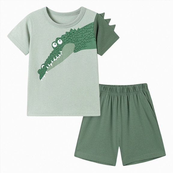 NOLDARES Toddler Baby Boy Outfits Dinosaur Truck Print Short Sleeve Shirt Tee Elastic Shorts 2pcs Summer Clothes(Green,3-4 Y)