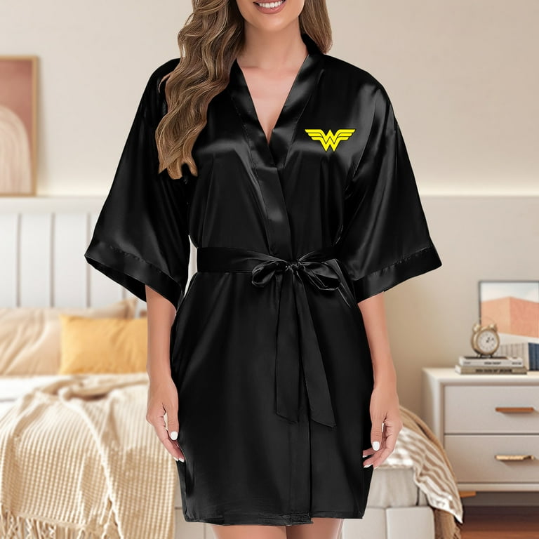 Wonder Woman Women s Imitation Silk Nightgowns Soft V Neck Lace up Nightdress Lightweight Sleep Shirt Black Walmart