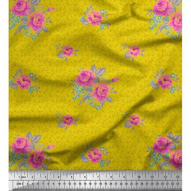 Soimoi polyester Crepe Fabric Swirl,Leaves & Rose Floral Fabric Prints By Yard 52 Inch Wide