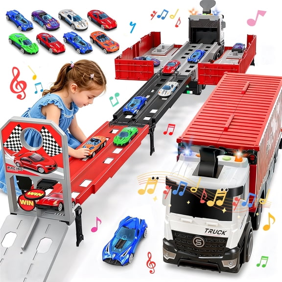 Sunforu Race Car Toy for Toddler, Car Track and 8 Cars with Light & Music, Carrier Truck Toy Set, Xmas Gift for 3 4 5 6 Year Old Boys Girls