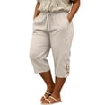 thumbnail image 4 of yardsong Womens Cotton Linen Capri Pants with Lace Trim Plus Size Drawstring Elastic Boho Summer Capris Pant with Pockets 2026 Beige,XXL, 4 of 6