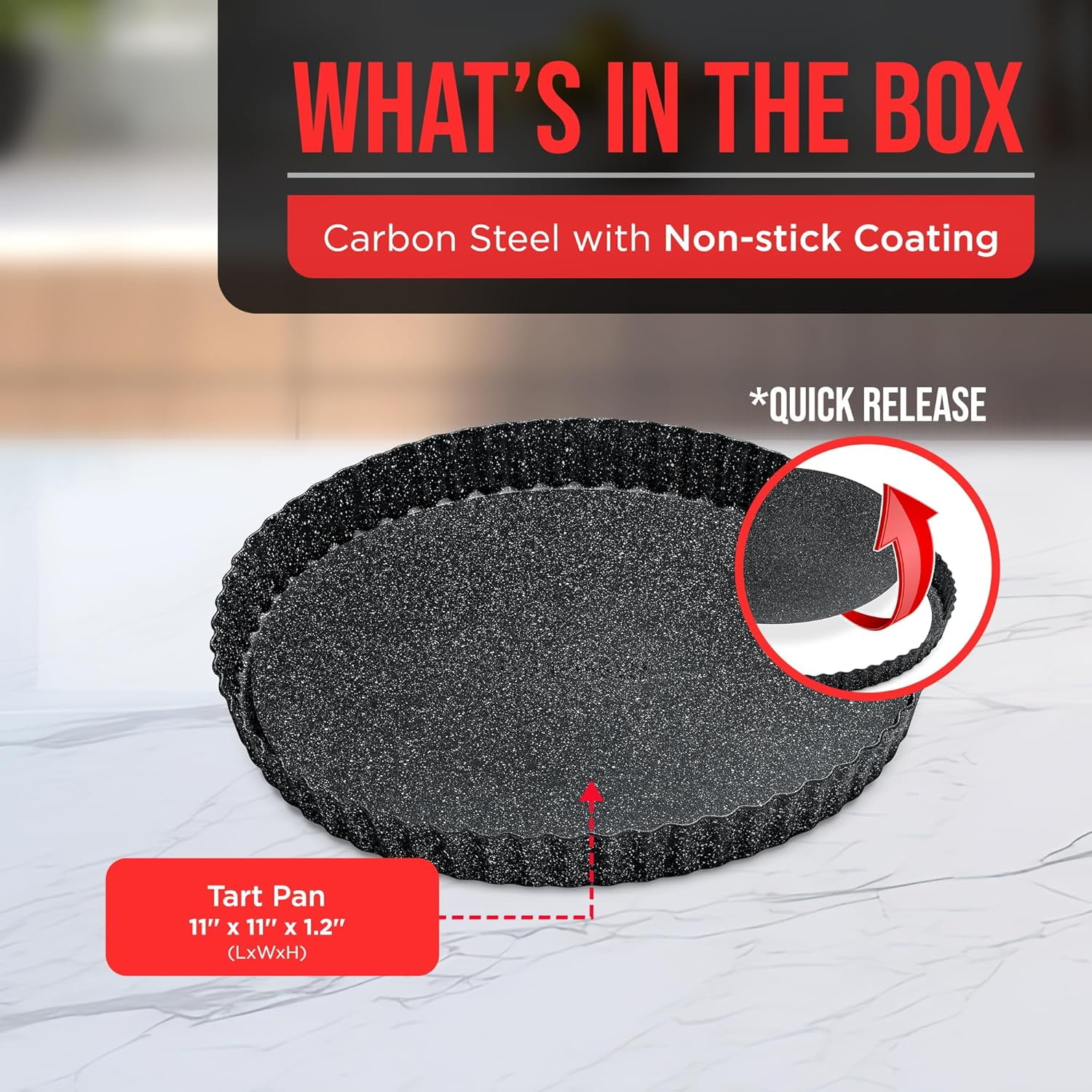 Bakken- Swiss Tart Pan – Quick Release Removable Base, Non-Stick Fluted Edge, Durable Steel - Create Perfect Pies, Fruit Tarts, and Quiches with Ease