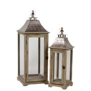 Benzara Wooden Lantern with Ethnic Design Metal Roof, Set of 2