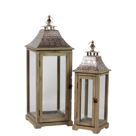 Benzara Wooden Lantern with Ethnic Design Metal Roof, Set of 2