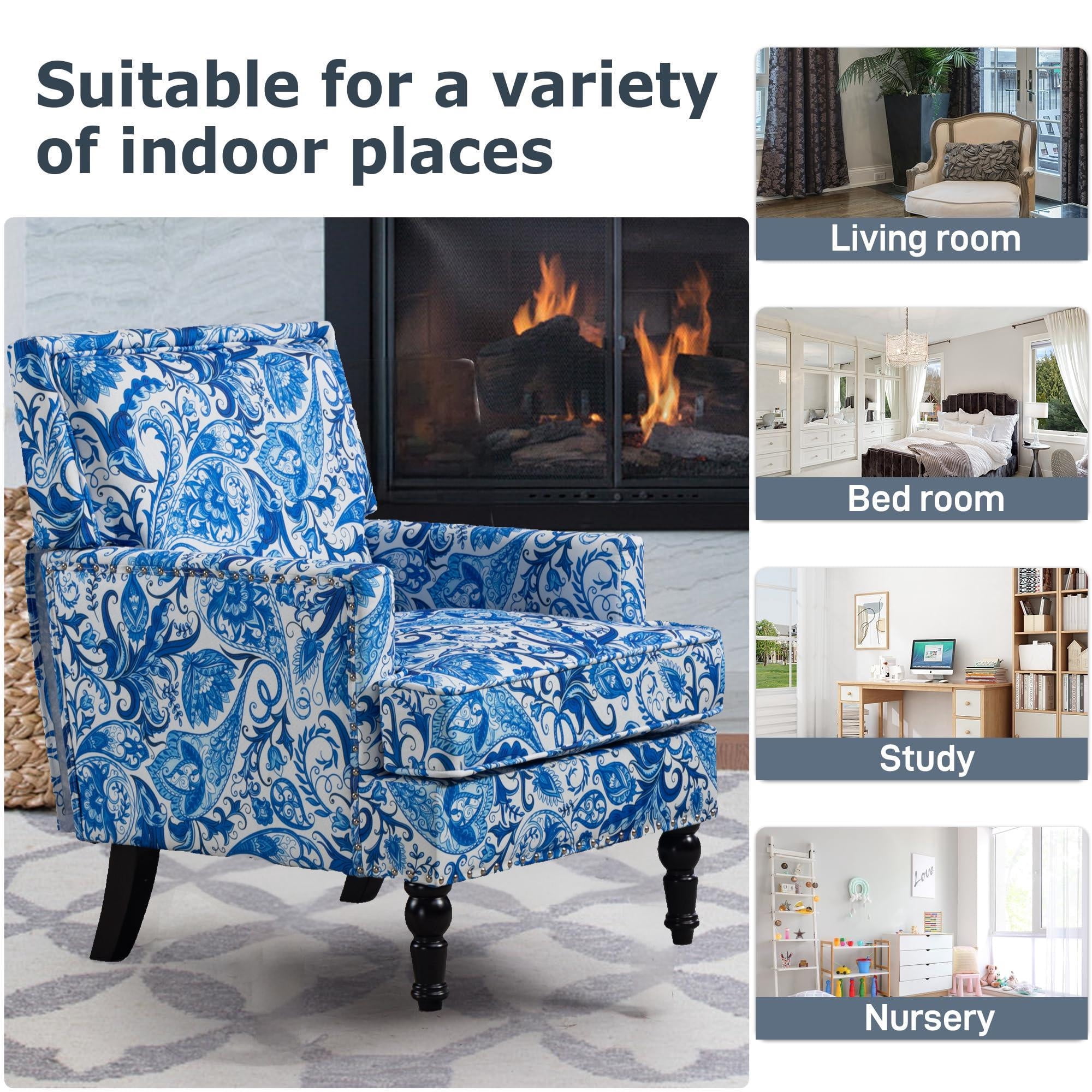 Aukfa Accent Chair Mid-Century Modern High Back Armchair Lounge for Living Room, Rivet Trim, Blue-and-White Porcelain Pattern