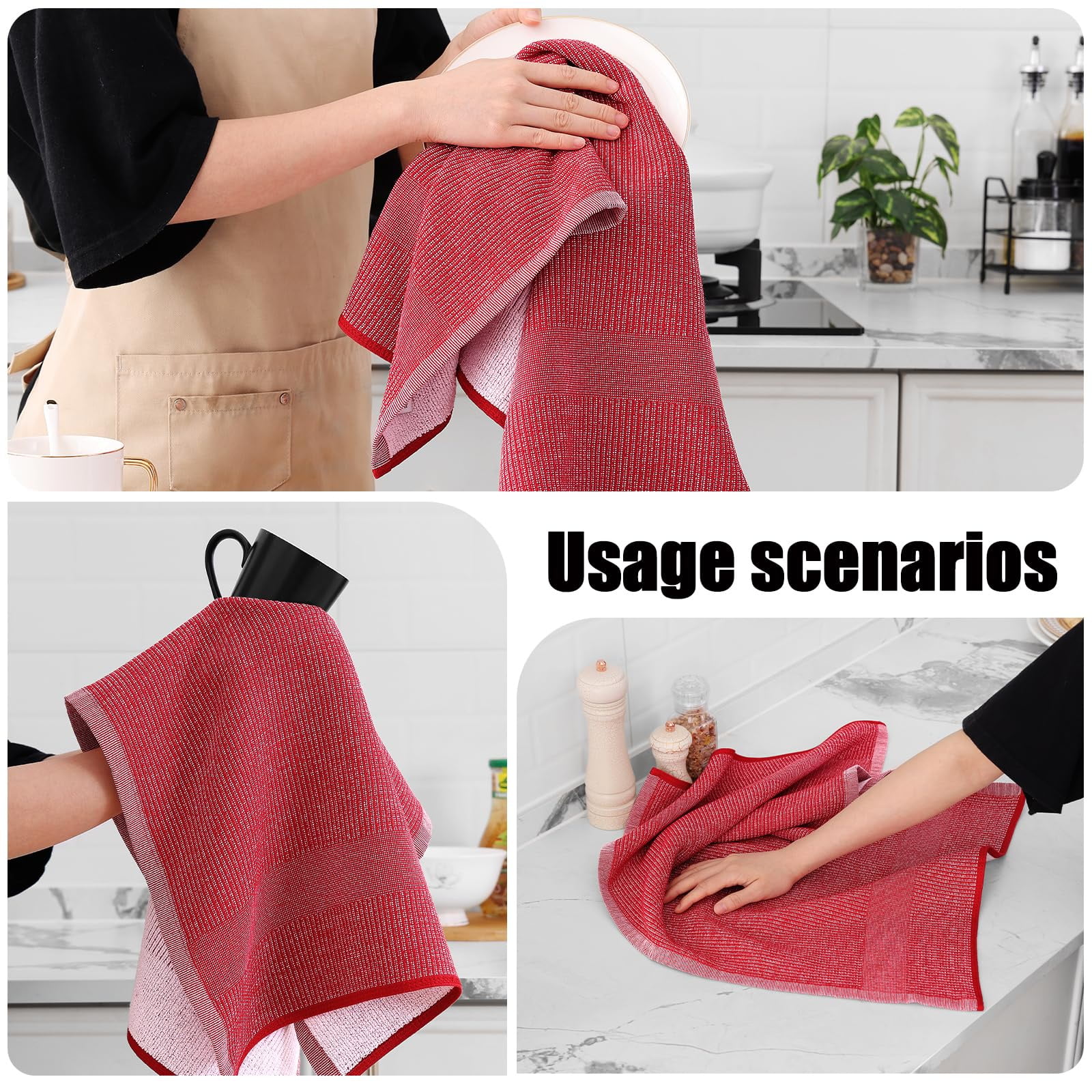 decorUhome Premium Kitchen Towels(18"x 28", 6 Pack), Large Cotton Kitchen Hand Towels, Red