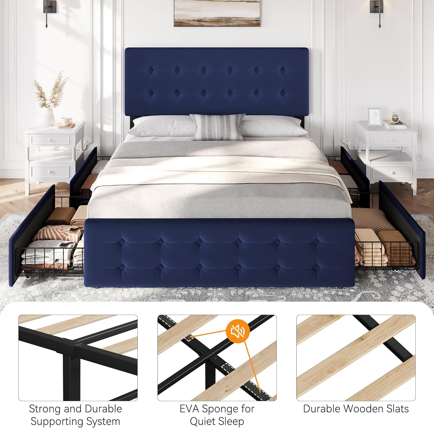 Queen Size Bed Frame with 4 Storage Drawers and Headboard, Velvet Upholstered Platform Bed Frame with Wooden Slats Support, Button Tufted Design, No Box Spring Needed, Blue