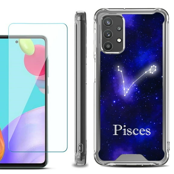 Shockproof Bumper Phone Case for Samsung Galaxy A52 5G, with Tempered Glass Screen Protector, by OneToughShield ® - Zodiac / Pisces