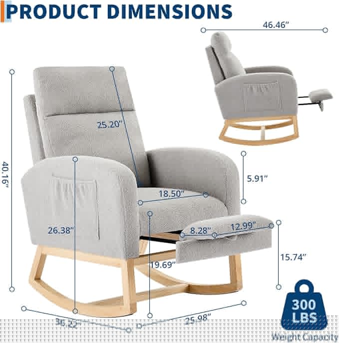 Rocking Chair Nursery, Nursing Rocking Chairs with Foot Rest for Mom Nursery, Rocker Glider Chair with High Backrest for Living Room,Bedroom, Upholstered Lounge Chair with Solid Wood Base for Relaxin