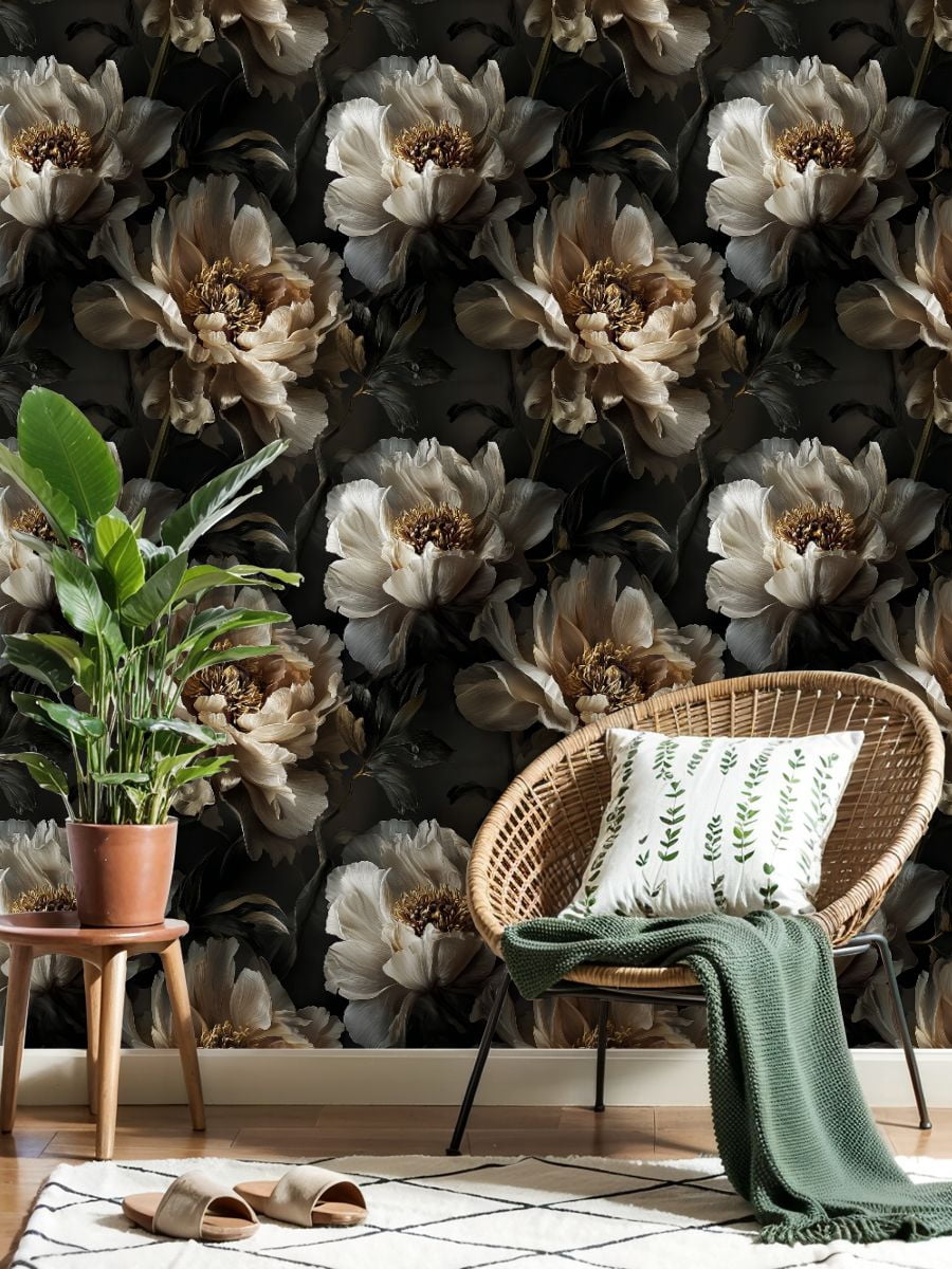 Peel and Stick Wallpaper Elegant Peony Flowers Soft Beige White Tones Dark Wall Mural 23.6in x 9.8ft Self Adhesive Removable Wall Paper Renter Friendly Wallpaper for Nursery Bedroom Cabinets