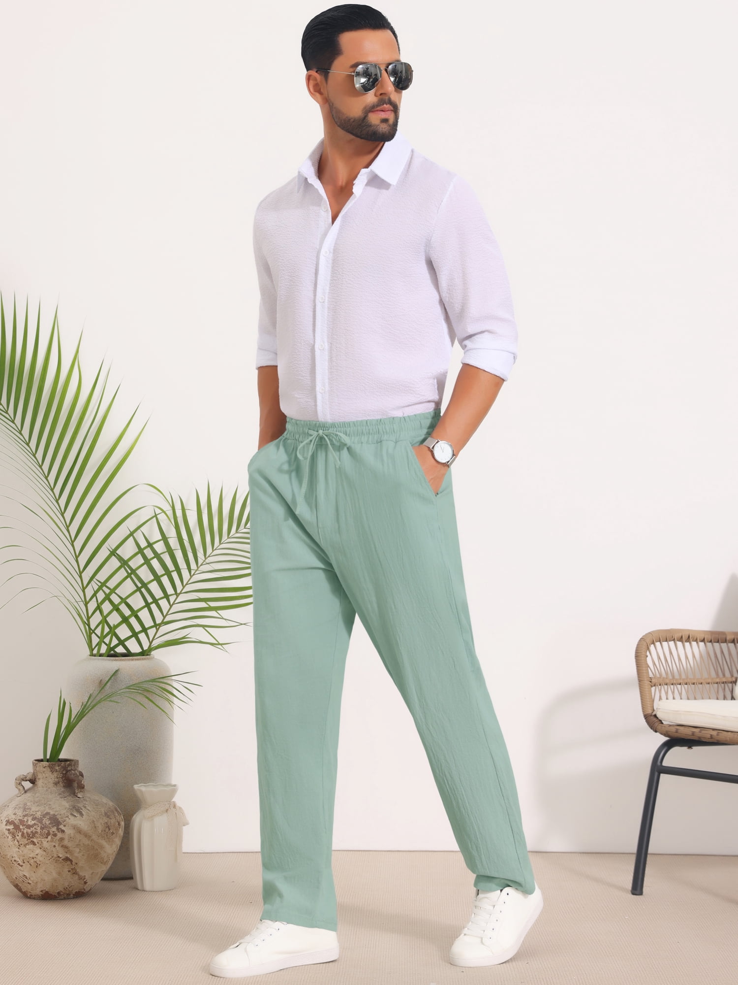 DARING DIVA Men's Beach Pants Drawstring Waist Breathable Summer Linen Pants 36 Green