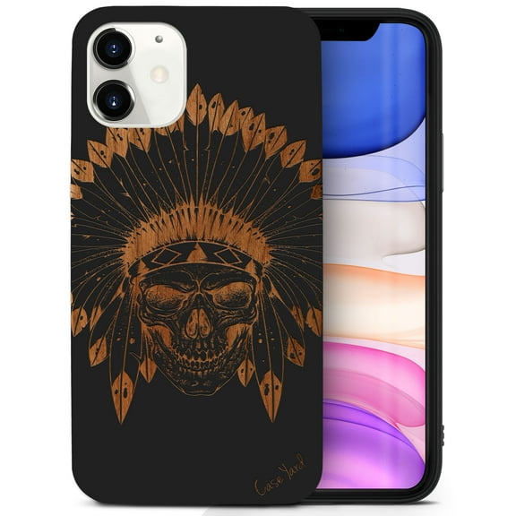 Case Yard Wooden Case for iPhone-12-Mini Soft TPU Silicone cover Slim Fit Shockproof Wood Protective Phone Cover for Girls Boys Men and Women Supports Wireless Charging Skull Feather Design