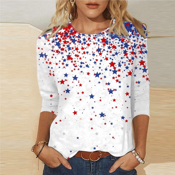 Cavosen American Flag Shirt Women Petite Patriotic 3/4 Sleeve Crewneck Shirts USA Flag Print Shirts Lady XL Independence Day Casual Tops Funny 4th of July Tunic Tees 2025 Summer Patriotic Blouses