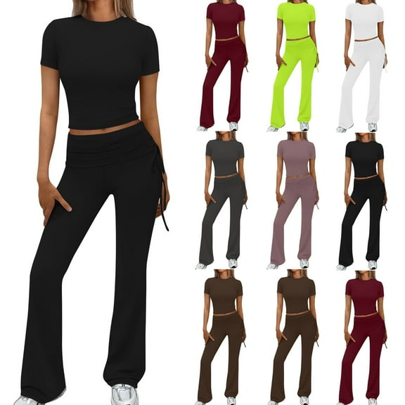 Fashion Plus Size 2 Picec of Sets for Womens Summer and Fall Casual Spring And Solid Color Short Sleevele Round-Neck Blouses Long Pant Elastic Waist Sets