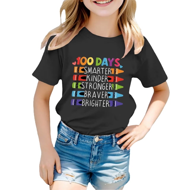 T-shirts Filles Retour à l'École Imprimé Col Rond Manches Courtes Décontractées Hauts Filles Noir 3-4 Ans