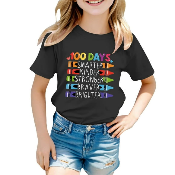 AJIWYH School Shirts for Girls,Children Fashion Casual Print Round Neck Loose Short Sleeve T Shirt Top,Kids Clothes for 6-7 Years,Black