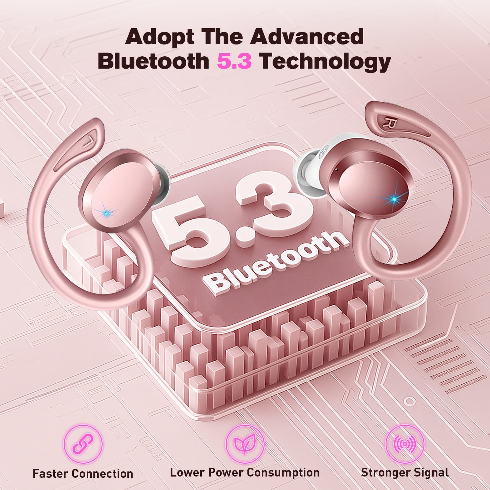 Wireless Earbuds Bluetooth Headphones - ETEPPEHI Bluetooth 5.3 Stereo Ear Buds with Earhooks, ENC Noise Cancelling Mic, IP7 Waterproof Earphone for Workout/Running, Pink