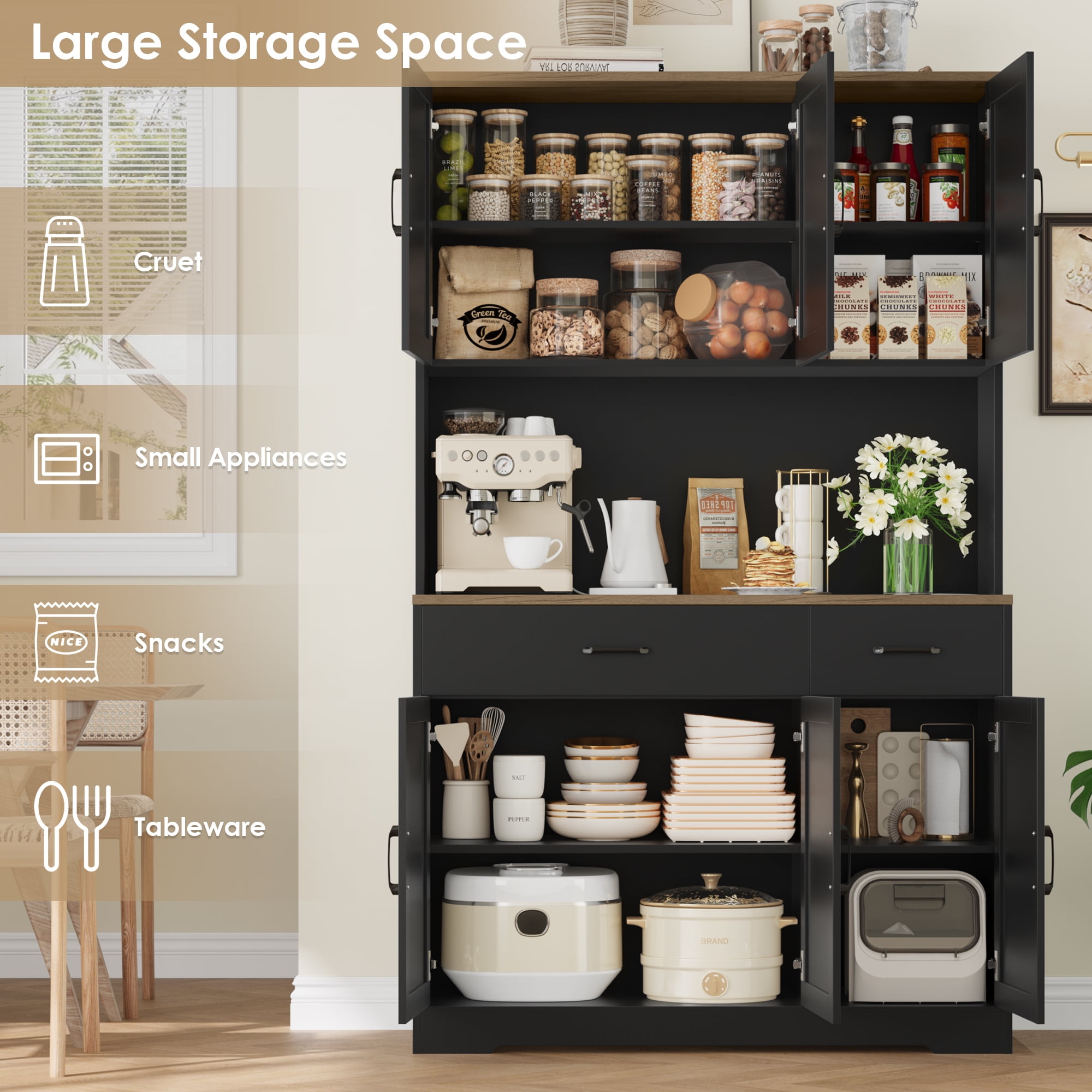 Homfa 71" Kitchen Pantry with Charging Station, Freestanding Cupboard with Adjustable Shelves, Floor Cabinet for Dining Room, Black