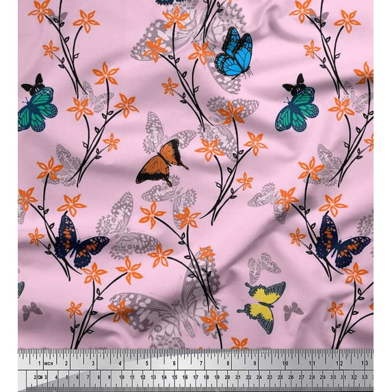 Soimoi Pink Poly Georgette Fabric Flower & Butterfly Printed Craft Fabric by The Yard 52 Inch Wide