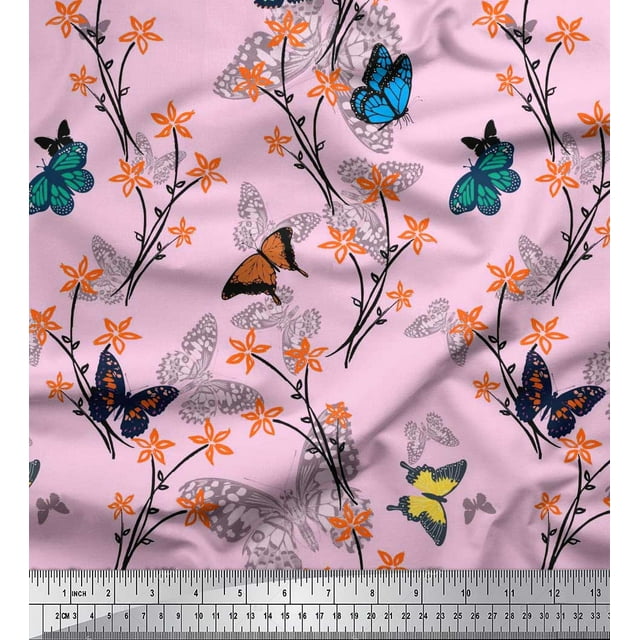 Soimoi Pink Silk Fabric Flower & Butterfly Print Fabric by Yard 42 Inch Wide