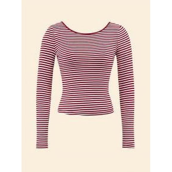 Striped backless slim long-sleeved top bodysuits