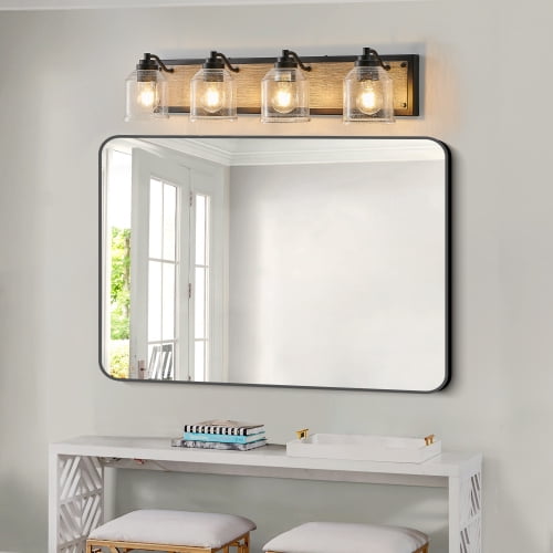ACE-LIGHTS,4-Light Farmhouse Vanity Light Fixture,Bathroom Wall Sconce(Bulb Not Included) with Clear Seeded Glass Shades,Modern Industrial Design for Bathroom,Bedroom,Entrance,Passage(Black)