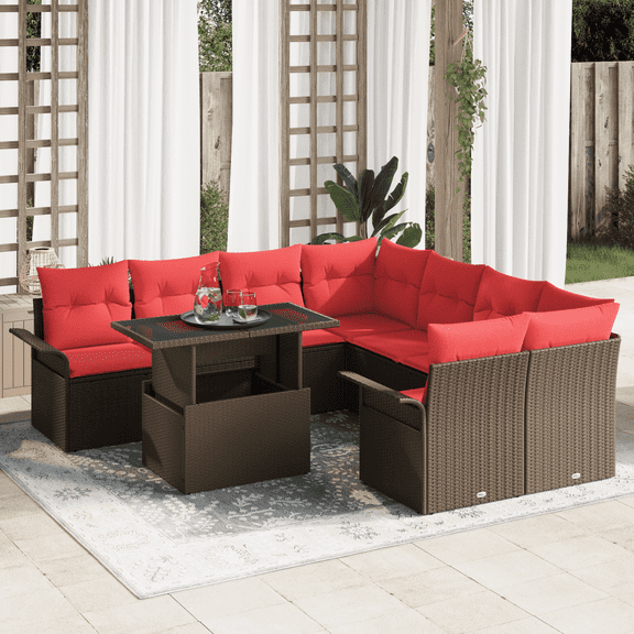 vidaXL 9 Piece Garden Sofa Set with Cushions Brown Poly Rattan