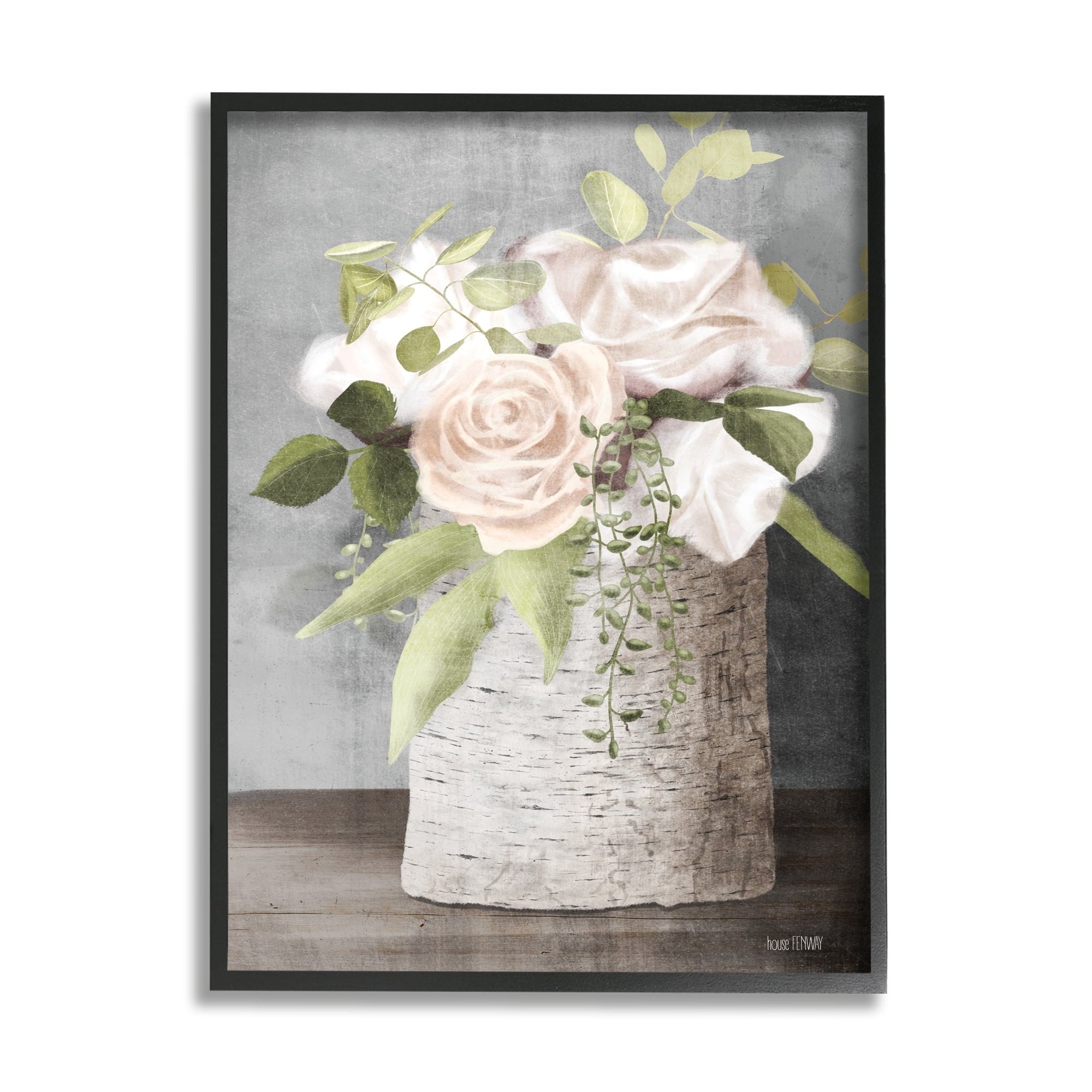 Stupell Industries White Roses and Botanicals on Birch Stump Painting Gray Framed Art Print Wall Art, 24x30, by House Fenway
