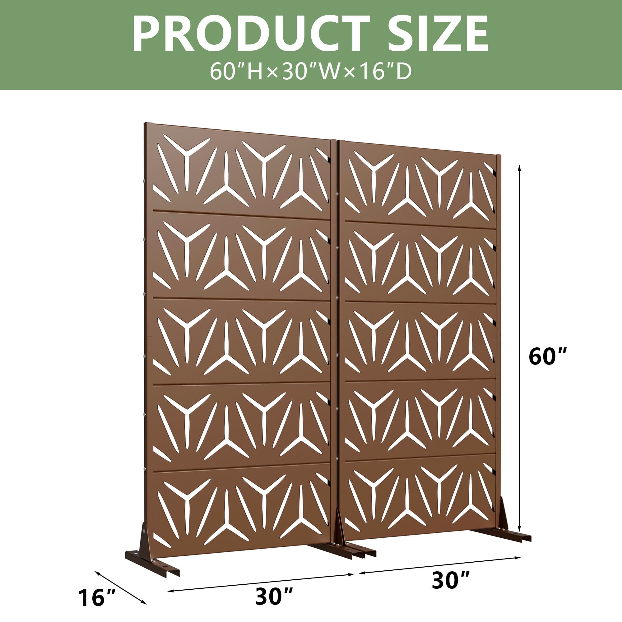 MAYEERTY 2-Piece Outdoor Metal Privacy Screen 5ft Brown, 5-Panel Geometric Y-Pattern Decorative Screen for Garden