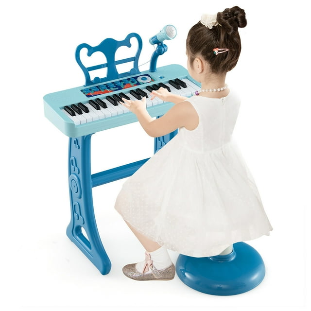 Gymax Clavier de Piano pour Enfants à 37 Touches Jouet Instrument Électronique de Musique avec Tabouret Bleu