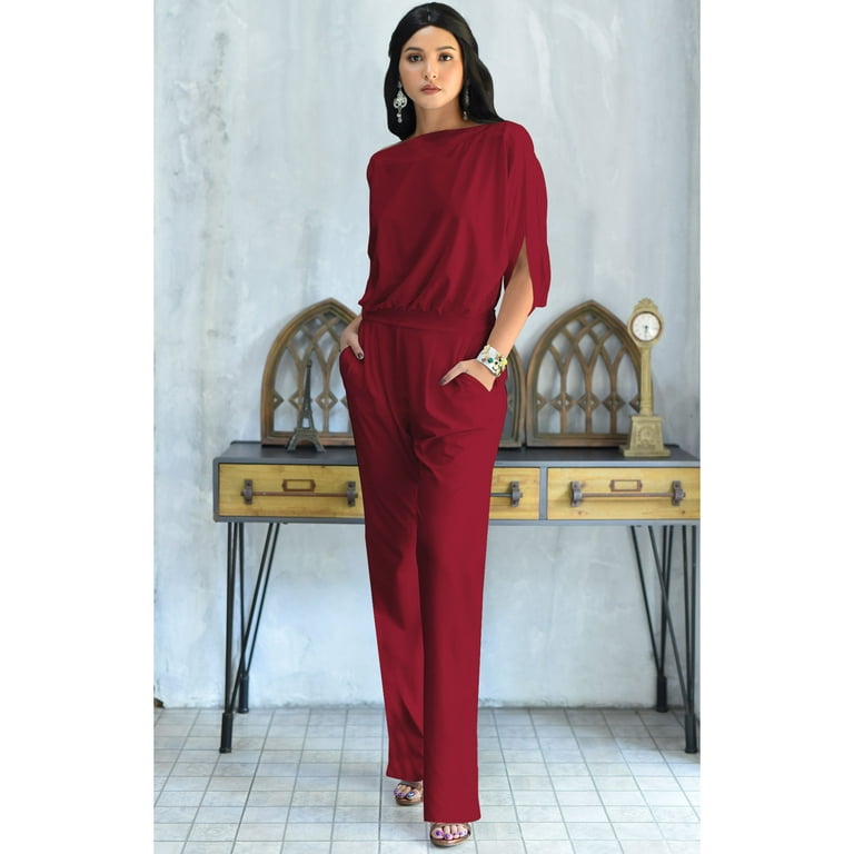 KOH KOH Long Pants Formal Cocktail Evening One Piece Fall Pockets Dressy Jumpsuit Romper Suit Casual Outfit Playsuit Tall 3 4 Short Sleeve For Women Crimson Dark Red XX Large US 18 20 NT118