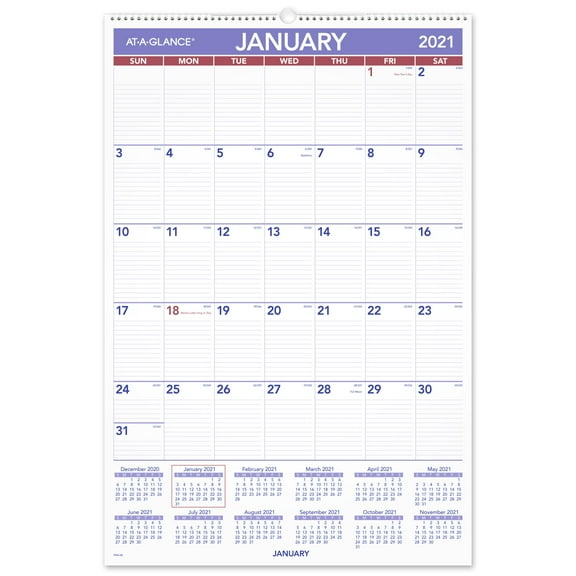 AT-A-GLANCE Monthly Wall Calendar, 20" x 30", January 2021 to December 2021 - PM42821