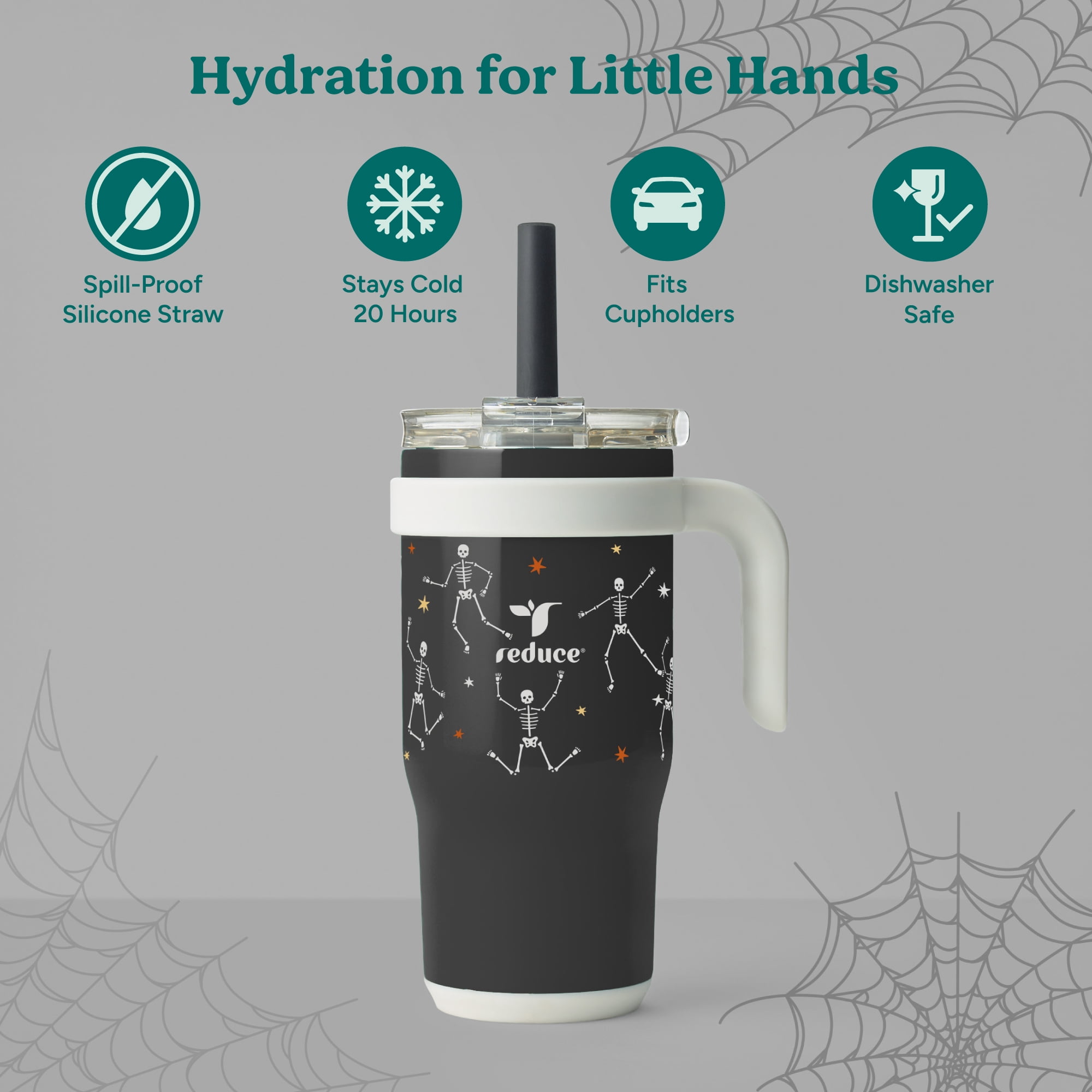 Reduce Coldee Kids 18 oz Halloween Tumbler with Spill-Proof Straw & Handle. Insulated Stainless Steel, Boogie Bones