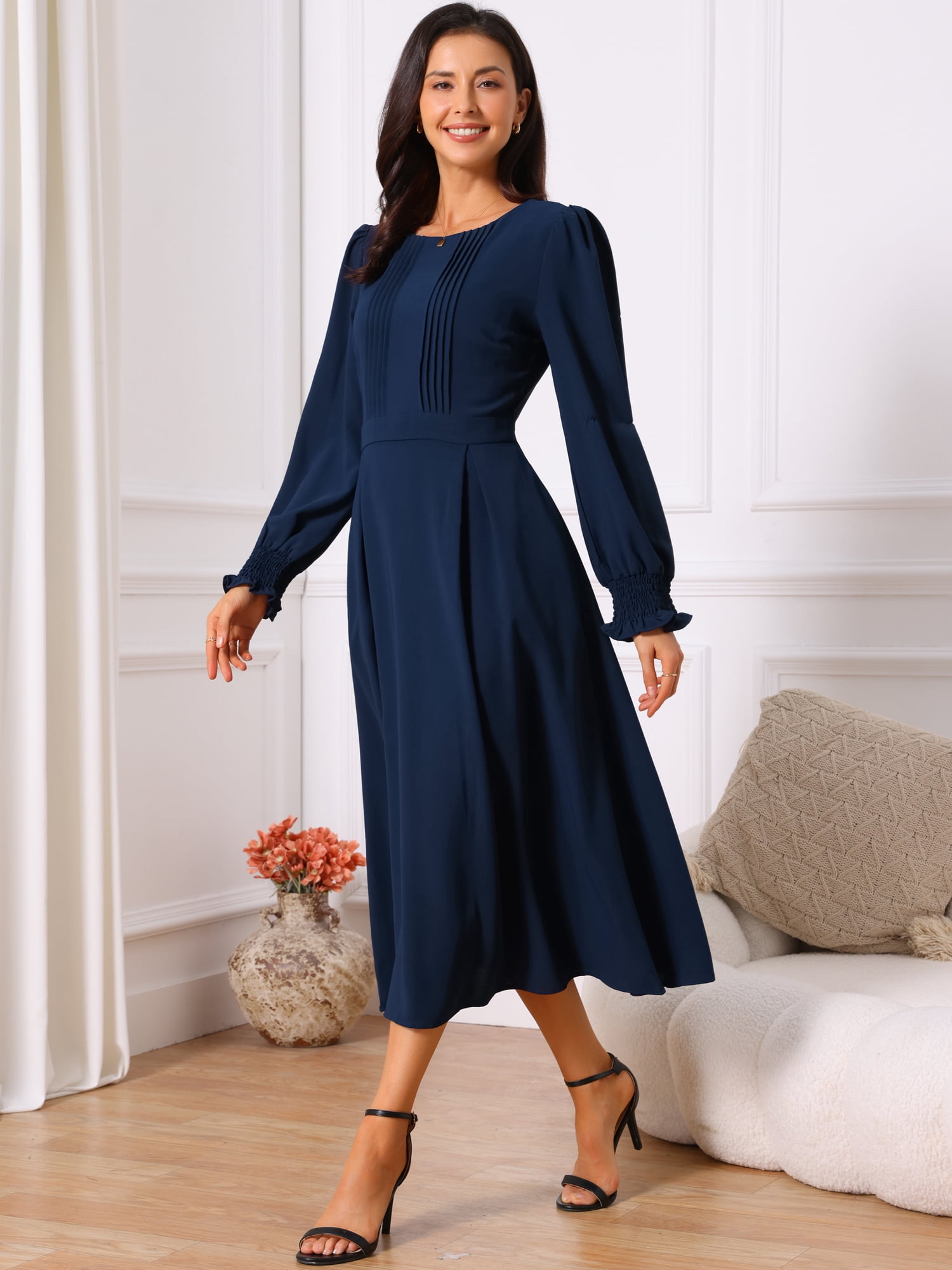 DARING DIVA Frilled Crewneck Long Sleeve Midi Fall Dress XL Dark Blue