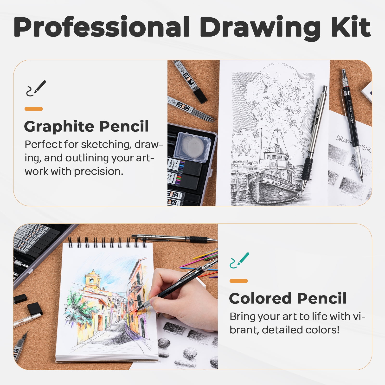 Nicpro 35PCS Art Mechanical Pencil Set, 3 PCS Metal Drafting Pencil 0.5 mm & 0.7 mm & 0.9 mm & 3 PCS 2mm Lead Holder (6B 4B 2B HB 2H 4H Colors) For Sketching Drawing With 20 Tube Lead Refills Case