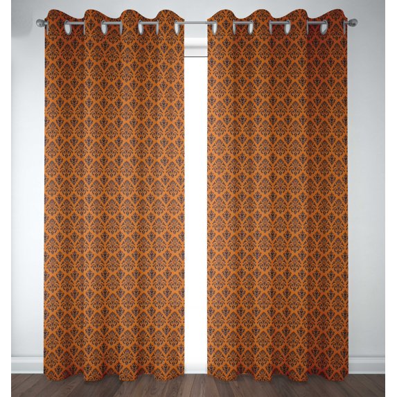 S4sassy Cotton Duck Flourish Damask Orange Double Panel Eyelet Living Room Door Curtains- 54x84 Inches