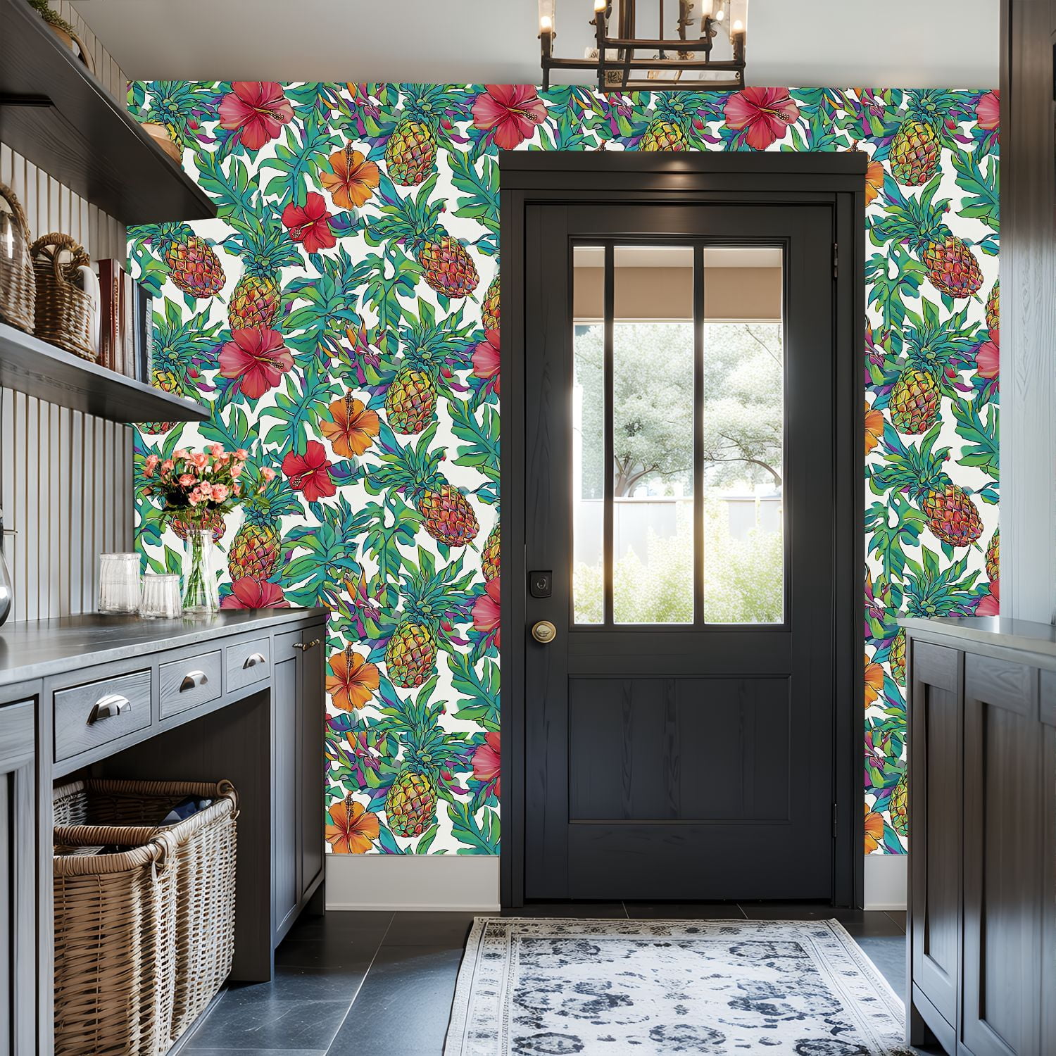 Peel and Stick Wallpaper Colorful Tropical Pineapple Hibiscus Floral Wall Mural 17.7in x 9.8ft Self Adhesive Removable Wall Paper Renter Friendly Wallpaper for Nursery Bedroom Cabinets