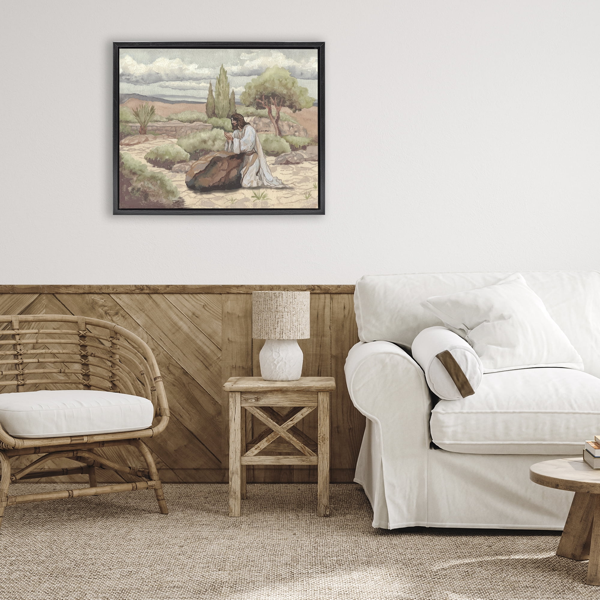 Stupell Industries Jesus Praying Countryside Black Framed Floater Canvas Wall Art, design by Elizabeth Medley
