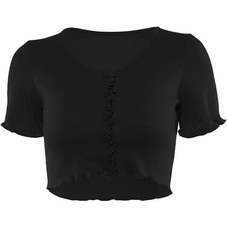 Tank Crop Tops Y2K Women Button Knitted Short Sleeve - Black | Walmart ...